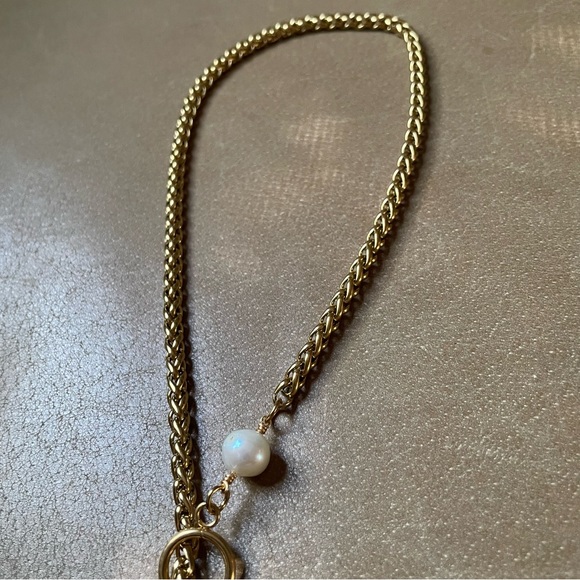 Freshwater pearl lariat toggle gold plated woven chain necklace boho layer white - Picture 5 of 8